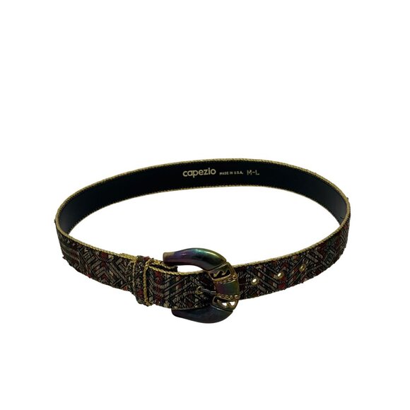 Capezio Womens Vtg Tapestry Belt Metallic Gold Geometric Patina Metal Buckle M/L - Picture 2 of 7